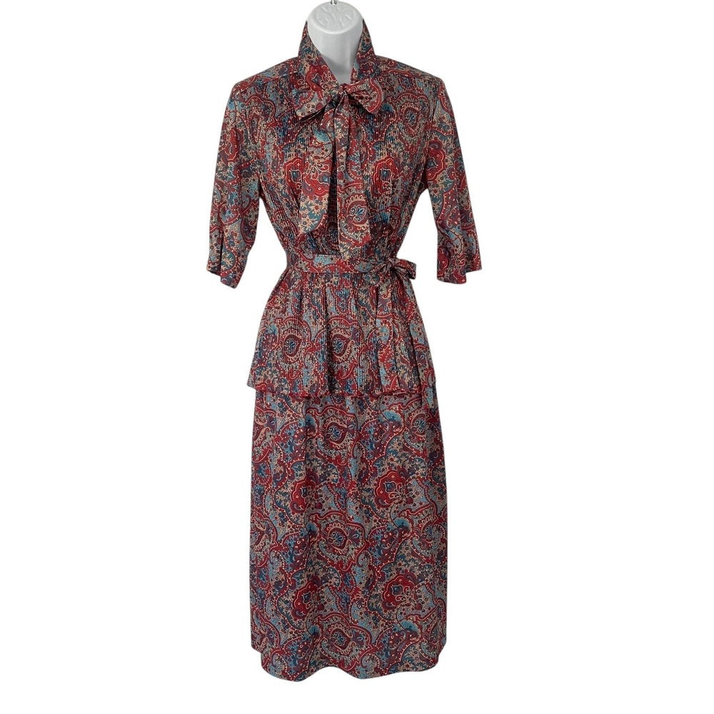 Vintage Paisley Neck Bow Peplum Midi‎ Dress Women Size 14 Red Blue Pleated 70s